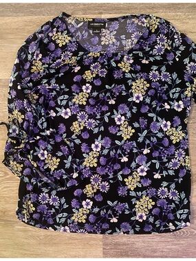 Liz Claiborne Black Blouse with Purple & Yellow Floral Print S